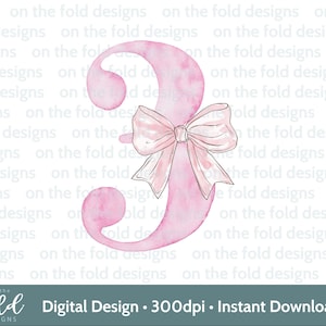 Op de afbeelding: Een roze aquarel nummer drie met een lichtroze strik. Het nummer heeft een zacht, getextureerd uiterlijk. De afbeelding bevat de tekst "Digital Design • 300dpi • Instant Download".