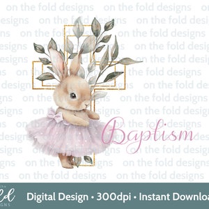 Pink Bunny Battesimo Croce PNG sublimazione design file di download immediato con sfondo trasparente Giorno del battesimo Giorno del nome UVDTF Ricordo
