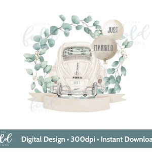 Recién casados PNG, coche de boda, descarga instantánea, clipart de acuarela de Sr. y Sra., diseños de sublimación, diseño de tarjetas, descarga