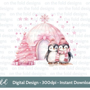 Weihnachten Pinguine Igloo Clipart Rosa Neues Zuhause 1.PNG Sofort-Download, Kartendesign, Kugeln, Basteln, Sublimation Aquarell rXmas Sack