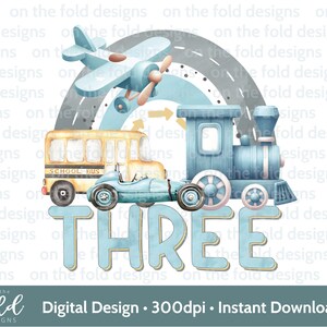 Clipart véhicule, Train avion Bus PNG, 3e Transport anniversaire Sublimation Design image numérique Cake Topper Tee shirt design Pj's UVTDF Design