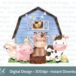 Animaux de la cour bleus PNG Clipart anniversaire Tshirt carte Design DTF DTG impression par sublimation Téléchargement instantané fille une invite autocollant