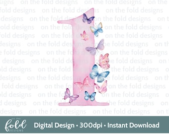 May include: A watercolor pink number one with butterflies in shades of blue, purple, and pink. The butterflies are arranged around the number one.