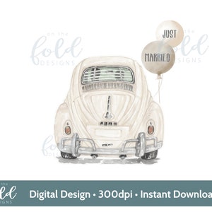 Just Married PNG, Hochzeitsauto Download, Mr & Mrs Aquarell Clipart, Sublimationsdrucke, Kartendesign, Download