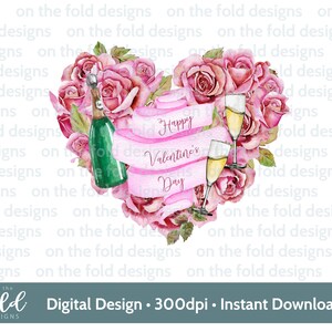 Valentine Roses Pink heart, Champagne, Flutes,  png instant digital download clip art sublimation cards gifts personal & small business use