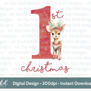 First Christmas Baby Deer Clipart, Cute 1st Xmas, PNG instant digital design baby clothes,  Christmas card design, Sublimation, Winter Scene