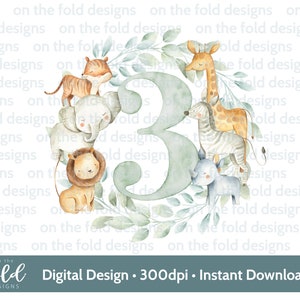Couronne de safari, 3e anniversaire, clipart, png, conception de fête de sublimation d'animaux de la jungle, clipart transparent, image imprimable UV, téléchargement immédiat