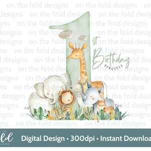Safari 1e verjaardag, clipart, nummer één png, jungle animal sublimatie feestontwerp, transparante clipart, afdrukbare afbeelding, instant download