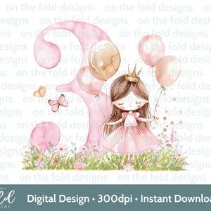 Princesse 3e anniversaire Clipart PNG ballons roses fée fer sur sublimation artisanat fabrication de cartes UVDTF DTG Transparent Télécharger I am Three Pj