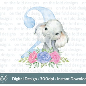Number 2 elephant 2nd birthday clipart floral design sublimation PNG instant digital download, t shirt, cake topper card making party decor