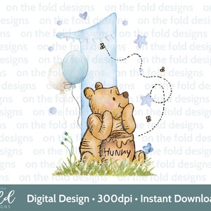 Classico Winnie the Pooh, 1° compleanno, Uno, Clipart bambino del bosco, Fiori selvatici, Clipart trasparente, Stampa a sublimazione, Grafica ad acquerello