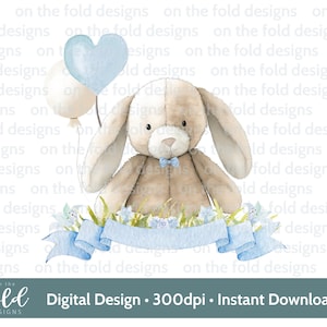 Banner clipart coniglietto blu floreale acquerello PNG palloncini download digitale istantaneo vestiti per bambini design della carta stampa a sublimazione stampa UVDTF