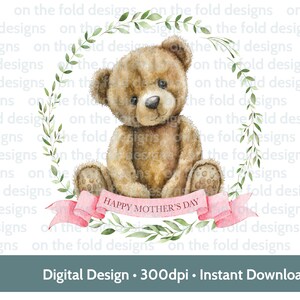 Ours en peluche rose floral cadre PNG souvenir fête des mères sublimation DTF bébé gilet carte personnalisée numérique image transparente en vinyle aquarelle