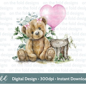 Clipart nounours rose aquarelle PNG Clipart numérique instantané bébé gilet carte ballon rose Woodland gilet impression par sublimation UVDTF