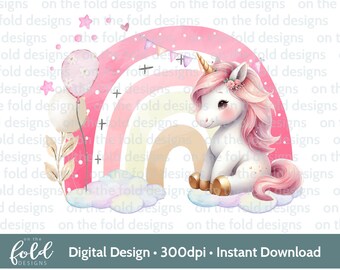 Unicorn Rainbow PNG, transparent clipart design, Girl birthday, Image, sublimation printing, card making, Print your own, instant download