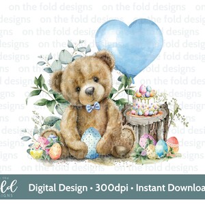 Ostern Teddy Clipart 1st Ostern Aquarell PNG Sofortige digitale Clipart Baby Weste Karte Blauer Ballon Osterweste Sublimationsdruck UVDTF