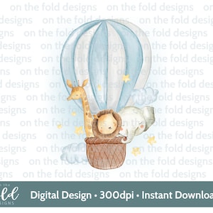 Safari Clipart Balão de ar quente Bebê menino 1º aniversário PNG Imagem de sublimação UVDTF Impressão Cartão Fazendo Design de colete de bebê Gráfico em aquarela