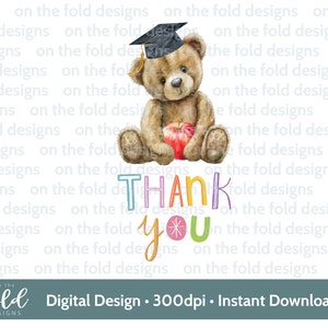 Enseignant ours en peluche pomme, clipart, merci png, sublimation conception d'assistant d'enseignement, image imprimable transparente, téléchargement immédiat