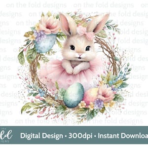 Hase Ostern Clipart Kranz Blumen Rahmen Frühling Garten Ei Aquarell PNG Digital Download Sublimationskarte 1st Rosa Mädchen Baby Weste