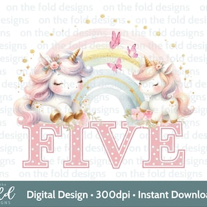 Licorne arc-en-ciel Clipart 5e anniversaire, numéro cinq, aquarelle PNG, papillons, sublimation transparente, sticker Uvdtf Dtg Card Design