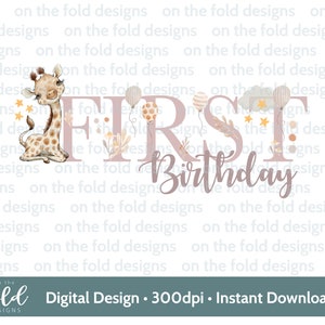 Giraffe Safari clipart, boho flowers, neutral, sublimation design, 1st birthday decal, waterslide transparent clipart, instant download ONE