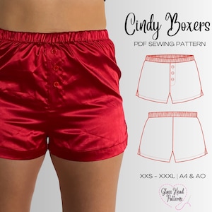 Boxer Shorts PDF Sewing Pattern - XXS-XXXL - Women&#39;s Elastic Waist Pyjama Shorts with Buttons