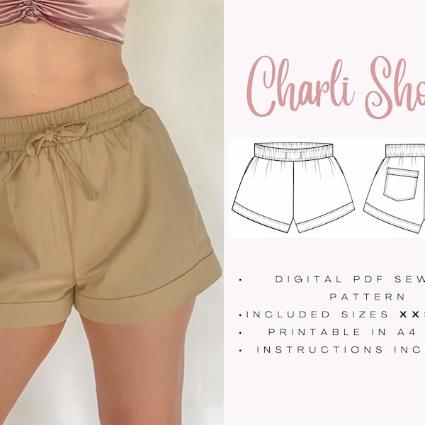 Womens Shorts PDF Sewing Pattern - Cuffed Design, Patch Pockets, Elastic Waistband - Sizes XXS-XXXL - A0 & A4