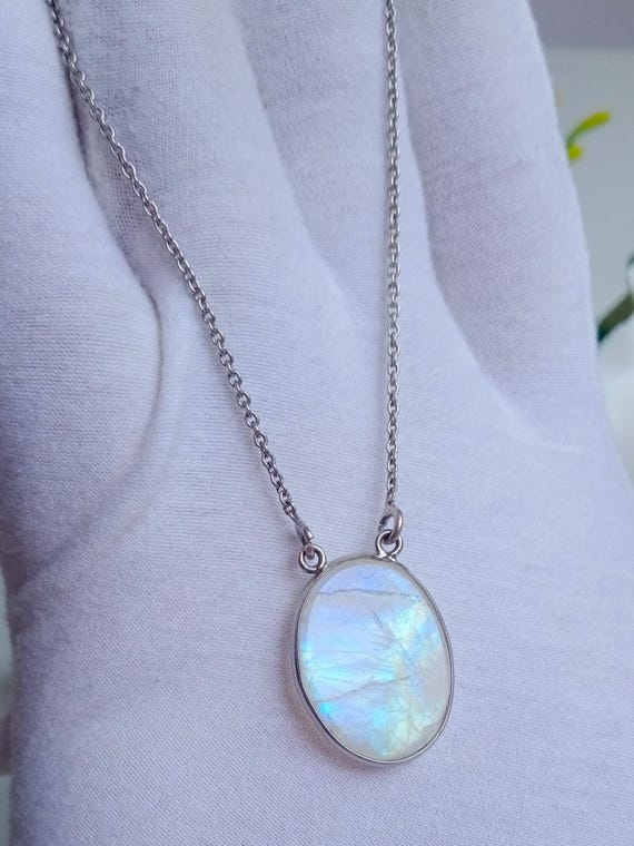 Collana Con Ciondolo Pietra Di Luna Arcobaleno Naturale – Argento 925 Placcato Rodio – Catena 50 Cm – Portafortuna
