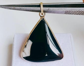 Black Montana Agate Fancy Shape Pendant, Brass, Silver Plated, Wedding Jewelry