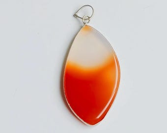 Orange White Agate Pendant, Silver Plated Brass, Fancy Shape Healing Stone Necklace