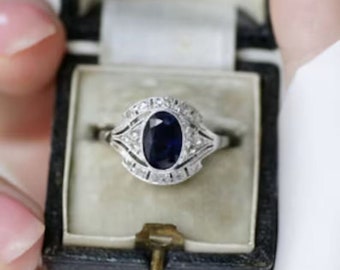 1900-10s Vintage Style Art Deco 2.50Ct Oval Blue Sapphire Diamond Engagement Ring In 935 Argentium Silver Estate Edwardian Ring Wedding Ring
