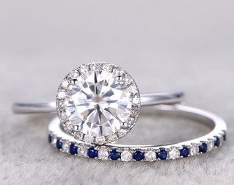 Parure nuptiale moissanite incolore 2,5 carats, or blanc 14 carats, alliance demi-saphir éternité, bague nuptiale halo moissanite, cadeau pour elle