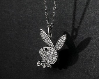 Bunny Necklace, 14K White Gold Plated, Animal Necklace Pendants, 1.89CT Round Cut Diamond, Necklace Without Chain, Birthday Gift, Kids Gift.