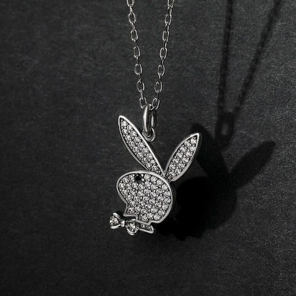 Collier lapin, plaqué or blanc 14 carats, pendentifs animal, diamant taille ronde 1,89 carat, collier sans chaîne, cadeau d'anniversaire, cadeau pour enfant.