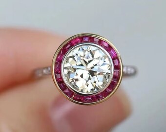 Late Art Deco Ruby Diamond Ring, Vintage Style Retro Wedding Ring, Antique Bezel Diamond Ring, Anniversary Gift Ring, Women's Bezel Set Ring