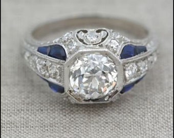 1910-20s Victorian Edwardian 1.95 Ct Old European Diamond Vintage Inspire Art Deco Engagement Ring 935 Argentium Silver/ Estate Jewelry Ring