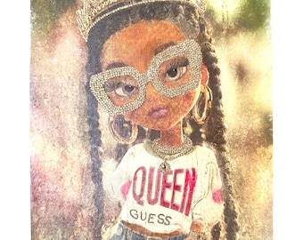 Young Black Fashionista Queen" – 11 x 14 Photo Transfer Artwork with Hand-Painted Details & Gold Rhinestones