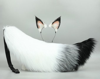 Walnut Fox Set,Custom Animal Ears & Tail Set,Gray Black Ears Beast  Tail,Fox Ears and Tail,Ear Headband,Anime Ear,Cosplay Ear Tail,Fox Ears