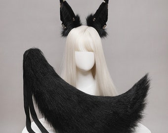 Custom Anubis Animal Ears & Tail Set,Gray Black Ears Beast Tail,Fox Ears and Tail,Ear Headband,Anime Ear,Cosplay Ear Tail,Realistic Fox Ears