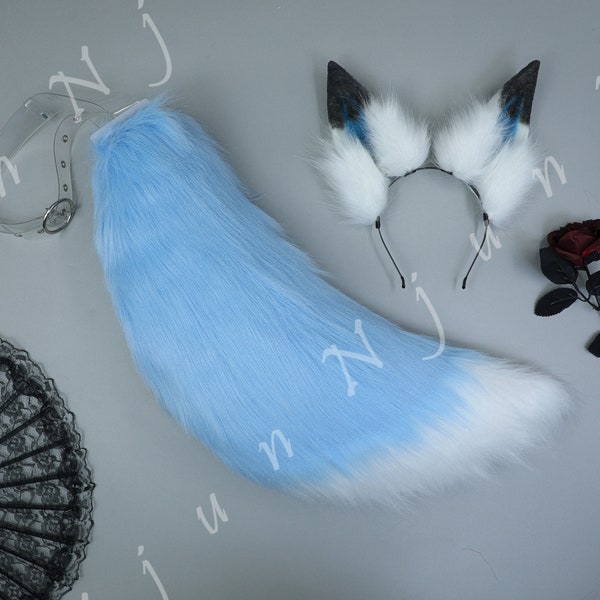 Custom Ice Blue Wolf Set,Aritificial Furry Ears,Wolf Cosplay Set,Plush Toy Wolf,White Gray Wolf Ear Headband,Party Cosplay,Cosplay Gifts