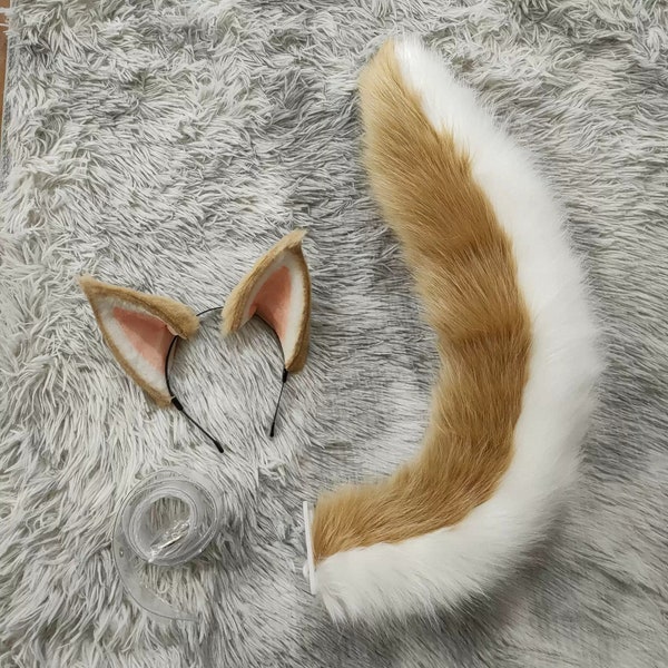 Custom Beige Animal Ears & Tail Set,Fluffy Fox Ears Ears Beast  Tail,Fox Ears and Tail,Ear Headband,Cosplay Ear Tail,Realistic Fox Ears