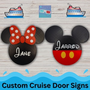 May include: Two custom cruise door signs featuring Mickey Mouse and Minnie Mouse heads. The signs are black with red and white polka dots and have the names "Jane" and "Jarrod" written in white.