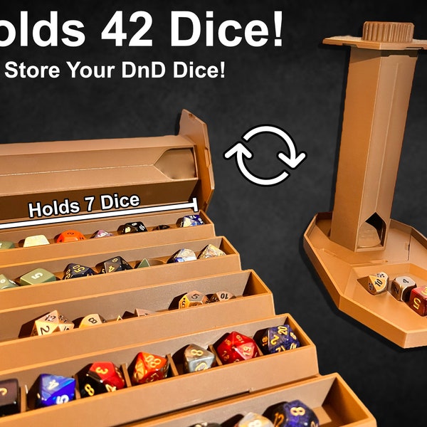 All-In-One Roll-up Dice Box & Tower - Holds 7 Dice per Compartment (6 Total) | Large | DND Dice Set Storage | 3D Printed