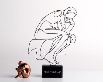 Handmade Wire Thinking Man Sculpture, Modern Minimalist Metal Line Art Statue, Custom Engraved Gift