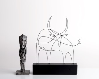 Handmade Abstract Bull Wire Sculpture, Metal Line Art Decor, Modern Animal Sculpture,Taurus Gift