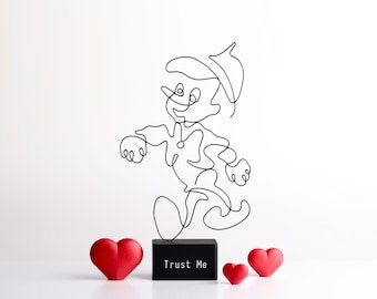 Handmade Pinocchio Wire Sculpture, Minimalist Metal Line Art Decor, Fairytale Art Figure, Personalized Gift