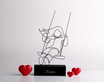 Handmade Wire Girl on Swing  Sculpture, Custom Metal Line Art Statue, Personalized Child Gift