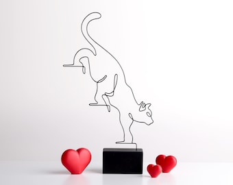 Handmade Wire Cat Sculpture: Modern Minimalist Concrete Base, Custom Engraving
