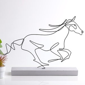 Wire Horse Sculpture: Handmade Minimalist Metal Art, Concrete Base