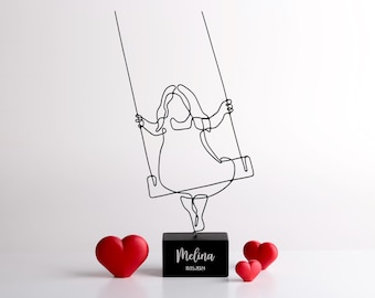 Handmade Wire Girl on Swing  Sculpture, Custom Metal Line Art Statue, Personalized Child Gift